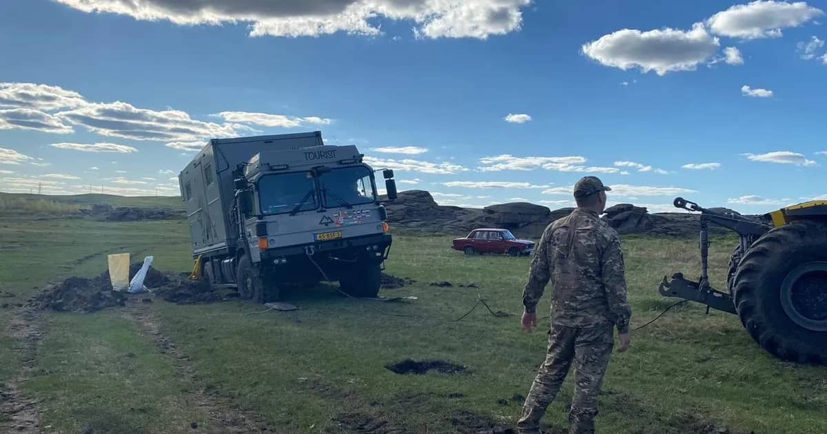 Dutch campervan stuck in salt marsh trap in Pavlodar region