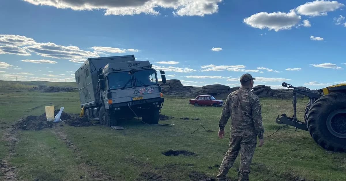 Dutch campervan stuck in salt marsh trap in Pavlodar region